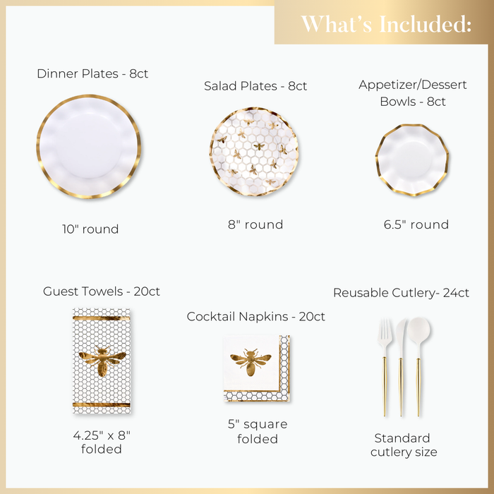 The Gilded Honey Table Setting by Sophistiplate LLC features gold and white designer dinner and salad plates, appetizer bowls, guest towels, bee motif cocktail napkins, reusable cutlery, and includes a text list of quantities and sizes.