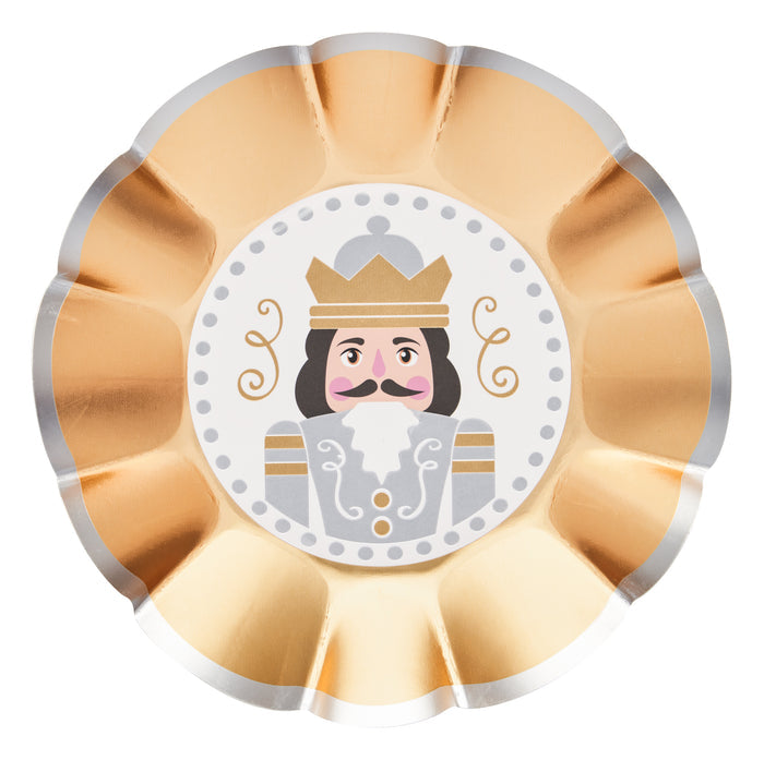 Add a festive touch to your table with the Sophistiplate Gilded Nutcracker Appetizer/Dessert Bowls. This 8-pack features round bowls with gold and silver scalloped edges and a charming illustrated nutcracker—complete with crown, mustache, and white beard—at the center. Both stylish and disposable, these bowls are perfect for holiday gatherings and make cleanup a breeze.