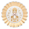 The Sophistiplate Gilded Nutcracker Dinner Plates (8pk) showcase a round, gold and white scalloped-edge design with an illustrated nutcracker soldier—complete with mustache, tall hat, and decorative swirls—making them the perfect festive tableware to elevate your holiday celebrations with elegant style.
