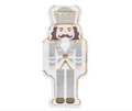A guest towel by Sophistiplate, inspired by the Gilded Nutcracker napkins, features a nutcracker soldier in a gray uniform with gold accents and tall hat on a white background. Sold as "Gilded Nutcracker Guest Towel/16 pkg.