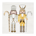 Add festive charm to your table with Sophistiplate's Gilded Nutcracker Paper Cocktail Napkins (20pk), featuring two illustrated nutcrackers in gold and silver outfits, each with a striped candy cane.
