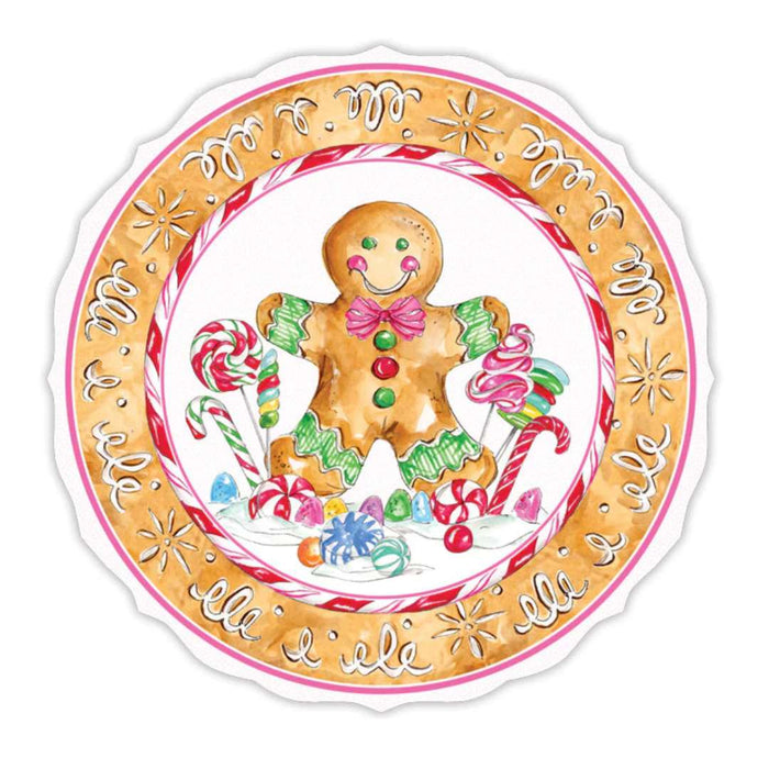 Rosanne Beck’s Gingerbread Cookie Round Placemats (10pk) feature a festive gingerbread person on a plate with a candy-filled border—ideal for adding holiday charm to your Christmas table décor.