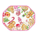 Cheerful holiday placemats from Rosanne Beck showcase decorated gingerbread cookies, candy canes, and holly on a pink-edged octagonal design. Perfect disposable tableware for your Christmas table. Includes 10 Gingerbread Cookies Placemats per pack.