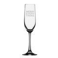 The Maple Glass Champagne Flute | Merry Everything | 8oz features “MERRY EVERY THING” etched in white capitals on the bowl, displayed upright against a plain white background.