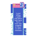 The Glitter Body Spray Dish Towel by Drinks On Me features a fun message about trying to kill a spider with glitter spray—now it strips and is named Cinnamon. Made from 100% cotton, it’s the perfect quirky kitchen or housewarming gift!.
