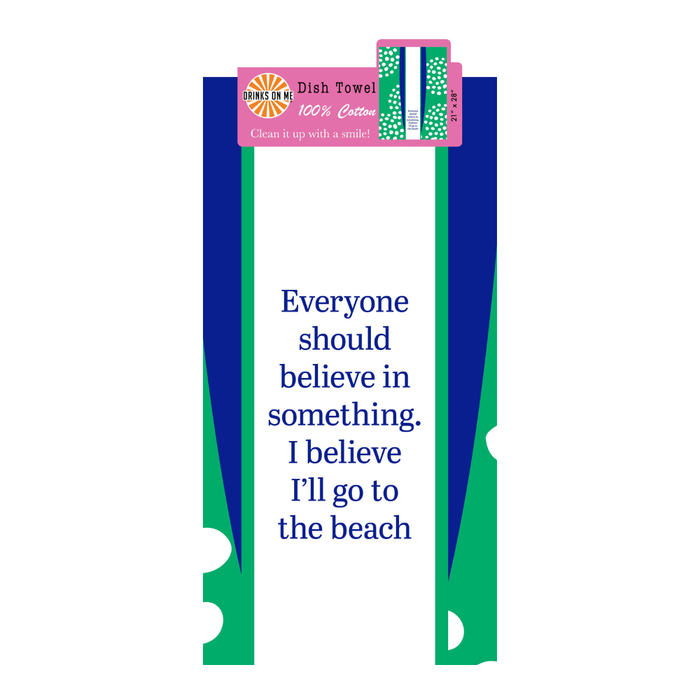 Add coastal charm to your kitchen with the Go to Beach Dish Towel by Drinks On Me. This 100% cotton towel features a geometric green and blue border and witty blue text: “Everyone should believe in something. I believe I’ll go to the beach.”.