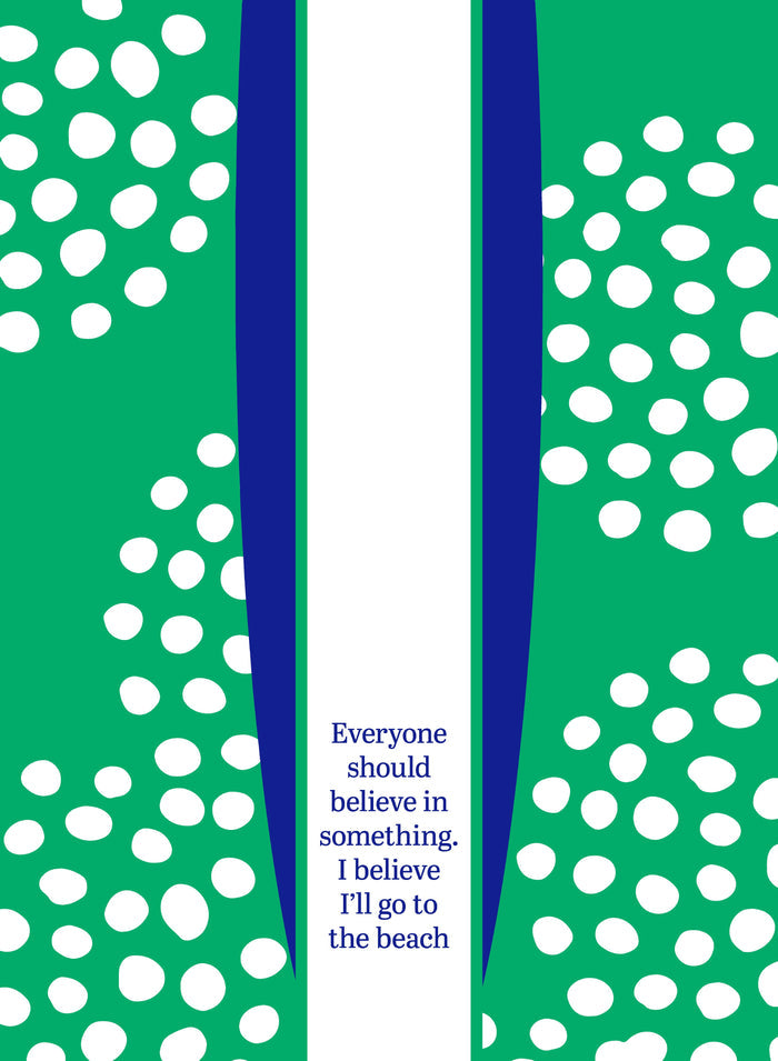 The Go to Beach Dish Towel by Drinks On Me features green and blue surfboard shapes and a fun quote: "Everyone should believe in something. I believe I'll go to the beach"—a quirky, humorous kitchen or housewarming gift.