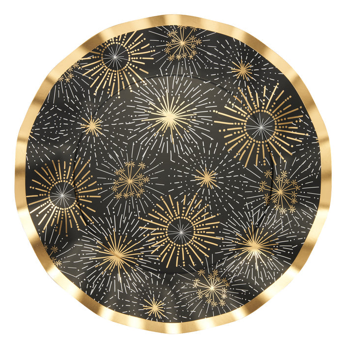 Elevate your holiday gatherings with Sophistiplate’s Gold Disco Coupe Dinner Plates (8pk). These round black plates feature a dazzling gold foil trim and an eye-catching pattern of sparkling gold fireworks radiating from the center, creating a festive and celebratory look. The disposable wavy edge design combines elegance with convenience, making them the perfect choice for New Year’s celebrations.