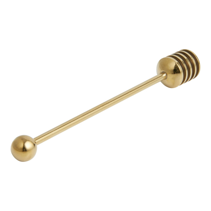 The Maple Meg Quinn Gold Stainless Steel Honey Dipper features a round, grooved end and spherical handle, shown isolated on a white background.