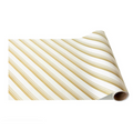 The Hester & Cook Gold Peppermint Stripe Runner (20x25") features diagonal gold and white stripes, making it ideal for gift wrapping or as a stylish paper table runner, shown partially unrolled on a white background.