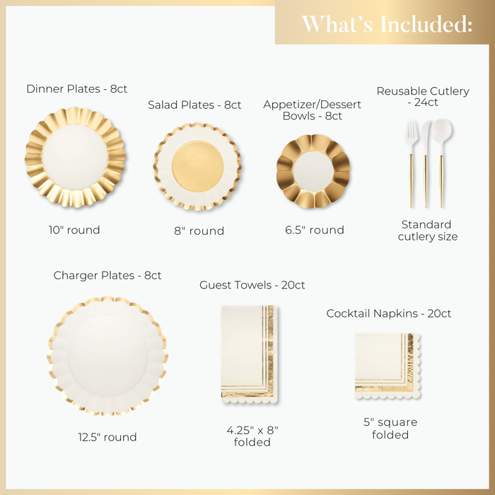 The Gold & White Table Setting by Sophistiplate LLC features designer disposable dinner, salad, and charger plates, appetizer bowls, guest towels, cocktail napkins, and reusable cutlery—each labeled with size and quantity.