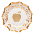 Elevate your Rosh Hashanah tableware or golden apple table setting with Sophistiplate’s Golden Apple Appetizer/Dessert Bowls (8pk)—elegant white bowls featuring wavy edges, a gold geometric border, and a central golden apple with leaf design. Perfect as disposable appetizer plates for festive occasions.