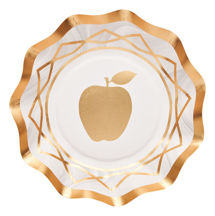 Elevate your Rosh Hashanah tableware or golden apple table setting with Sophistiplate’s Golden Apple Appetizer/Dessert Bowls (8pk)—elegant white bowls featuring wavy edges, a gold geometric border, and a central golden apple with leaf design. Perfect as disposable appetizer plates for festive occasions.