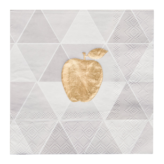 Sophistiplate Golden Apple Cocktail Napkins (26pk) feature a white background with a geometric triangle pattern and a shiny gold apple with a leaf printed in the center. Embossed textured dots along the right and lower edges add elegance, making these napkins the perfect choice for a Golden Apple Table Setting or as festive Rosh Hashanah napkins.