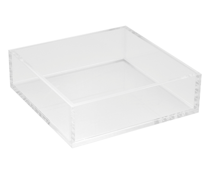 The Sophistiplate Acrylic Cocktail Napkin Tray - Clear is a square, open-top acrylic tray ideal for holding cocktail napkins on modern tabletops and is shown against a white background.