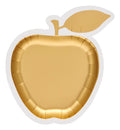 The Sophistiplate Golden Apple Die-Cut Salad Plates (8pk) are gold, apple-shaped disposable plates featuring a charming leaf detail at the top. With a glossy finish, these salad plates are ideal for a Golden Apple Table Setting or as Rosh Hashanah plates, and are shown against a white background.