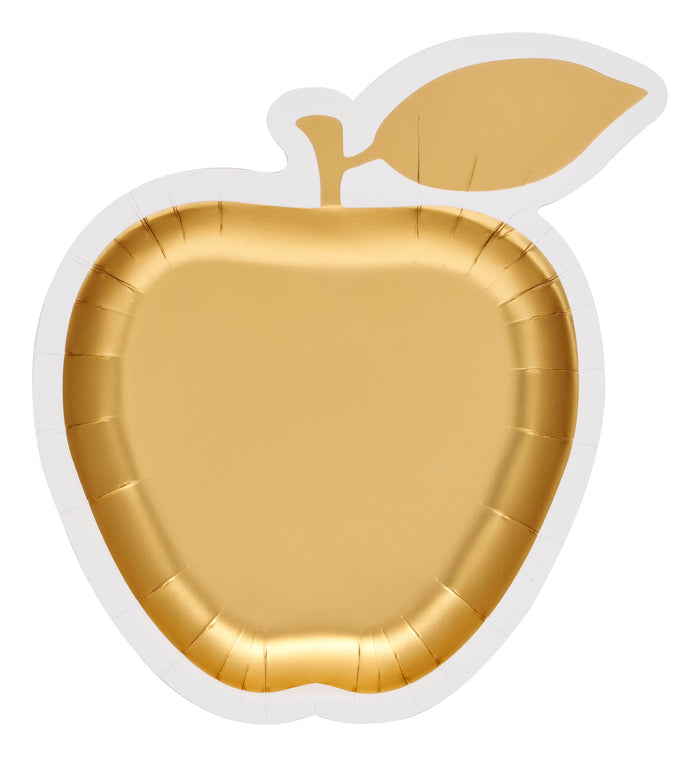 The Sophistiplate Golden Apple Die-Cut Salad Plates (8pk) are gold, apple-shaped disposable plates featuring a charming leaf detail at the top. With a glossy finish, these salad plates are ideal for a Golden Apple Table Setting or as Rosh Hashanah plates, and are shown against a white background.