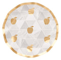 Elevate your holiday table with the Golden Apple Salad Plates/8pk by Sophistiplate—each round plate features a gold rim, an elegant geometric gray and white triangle pattern, and scattered gold apple accents, making them perfect for a Golden Apple Table Setting or as sophisticated Rosh Hashanah plates for your celebration.
