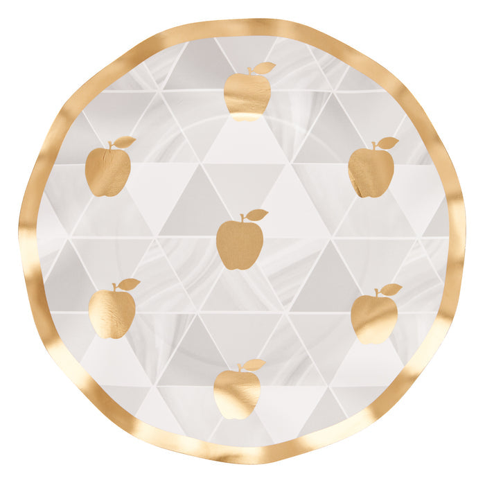 Elevate your holiday table with the Golden Apple Salad Plates/8pk by Sophistiplate—each round plate features a gold rim, an elegant geometric gray and white triangle pattern, and scattered gold apple accents, making them perfect for a Golden Apple Table Setting or as sophisticated Rosh Hashanah plates for your celebration.