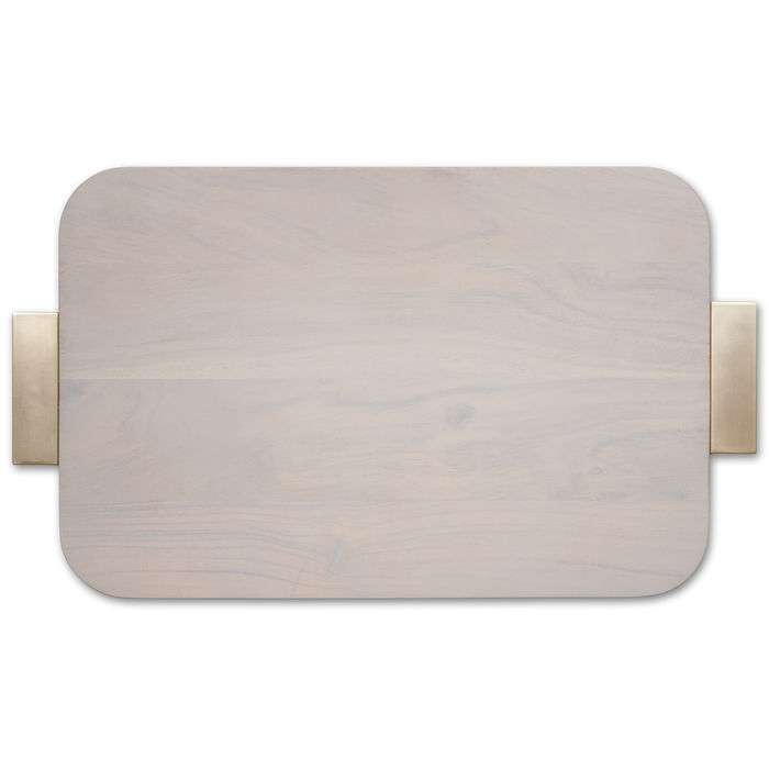The Maple Gray Acacia Wood Cutting Board, 18 x 12", features a blank surface with no engraving and gold handles on each short side, ideal for stylish serving or use as a tray, displayed against a white background.