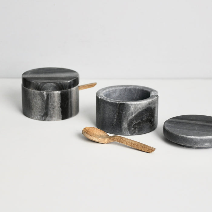Gray Marble Lidded Cellar & Wood Spoon