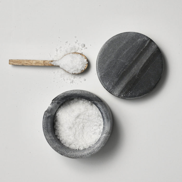 Gray Marble Lidded Cellar & Wood Spoon