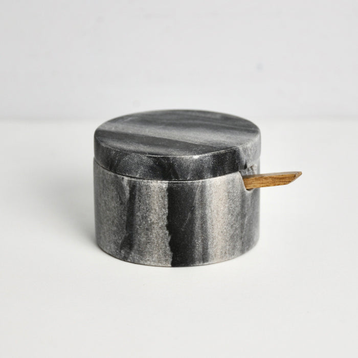 Gray Marble Lidded Cellar & Wood Spoon