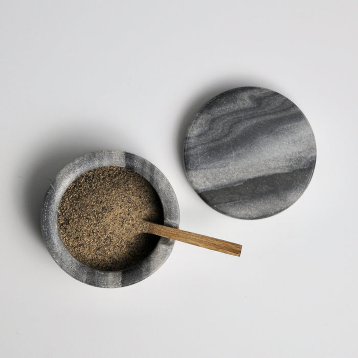 Gray Marble Lidded Cellar & Wood Spoon