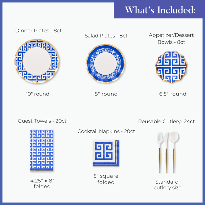 The Sophistiplate LLC Greek Key Table Setting party box includes designer disposable plates, appetizer/dessert bowls, guest towels, cocktail napkins, and reusable cutlery—all featuring blue Greek key patterns with listed quantities and sizes.