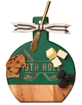 The Maple Acacia Bevel Board Green w/ Ribbon & Gold Spreader Knife features “19th Hole” text and golf clubs—ideal for golf lovers to serve crackers, cheese cubes, and berries in playful style. Measures 9.75 x 8".
