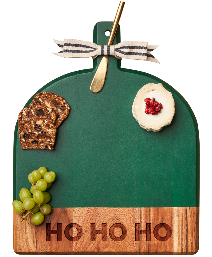 The Maple Green Acacia Bevel Board w/ Spreader (15 x 12") features "Ho Ho Ho" engraving—perfect for serving cheese, crispbreads, fruit, and more as a festive holiday centerpiece.