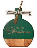 The Maple Acacia Bevel Board Green (9.75 x 8") features a ribbon and gold spreader knife, plus "Merry Christmas" in gold script—perfect for festive charcuterie displays.