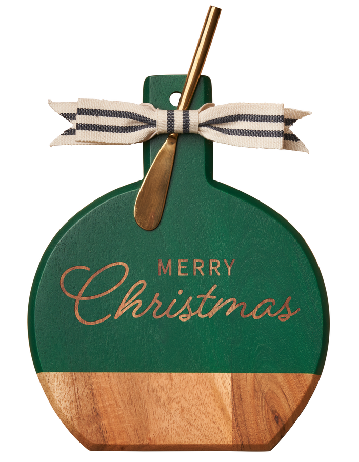The Maple Acacia Bevel Board Green (9.75 x 8") features a ribbon and gold spreader knife, plus "Merry Christmas" in gold script—perfect for festive charcuterie displays.