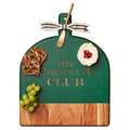 The Maple Acacia Bevel Board Green with Ribbon & Gold Spreader Knife (15x12", The Cocktail Club) is paired with crackers, green grapes, and round cheese topped with pomegranate seeds.