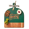 The Maple Acacia Bevel Board Green (15 x 12") with "Touch Down" engraving, ribbon, and gold spreader knife is styled with brie, pomegranate, crispbread, and green grapes—perfect for a festive snack display.