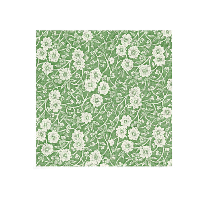 The Green Calico Paper Cocktail Napkins (20pk) by Hester & Cook feature a vintage square design with detailed white flowers and leaves on a green background—an elegant, botanical choice for any gathering.