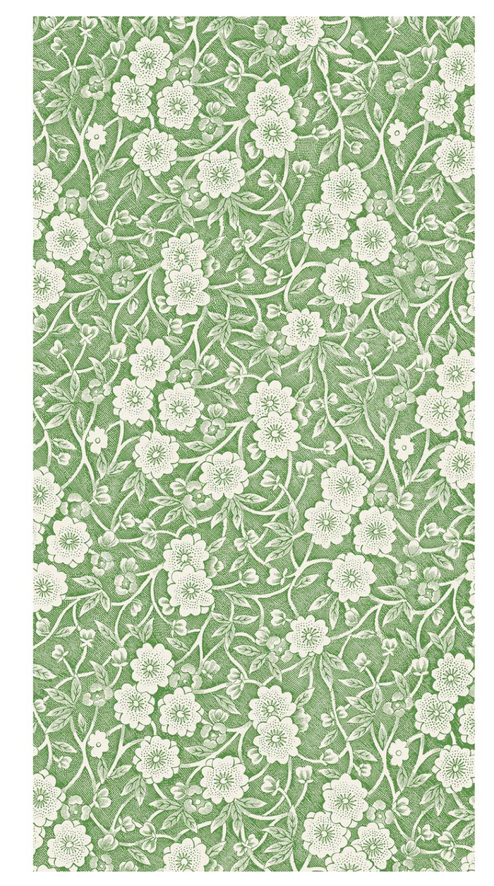 Hester & Cook’s Green Calico Paper Guest Towels (16 pack) feature a dense green and white floral pattern of vines, leaves, and blooms—an elegant botanical touch for any occasion.