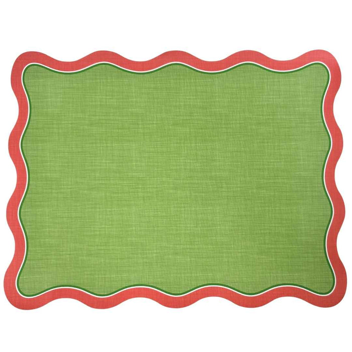 The Rosanne Beck Green & Red Scallop Edge Placemats (10pk) feature a rectangular, textured green surface and playful wavy red scalloped edges, adding a cheerful touch to any table setting.
