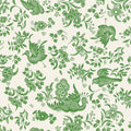 The Royal Peacock Table Setting - Sage by Sophistiplate features green, stylized birds and floral patterns on a cream backdrop, adding a vintage designer touch to disposable plates—perfect for elegant gatherings.