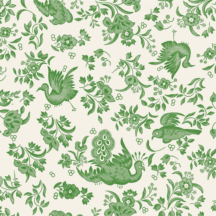 The Royal Peacock Table Setting - Sage by Sophistiplate features green, stylized birds and floral patterns on a cream backdrop, adding a vintage designer touch to disposable plates—perfect for elegant gatherings.