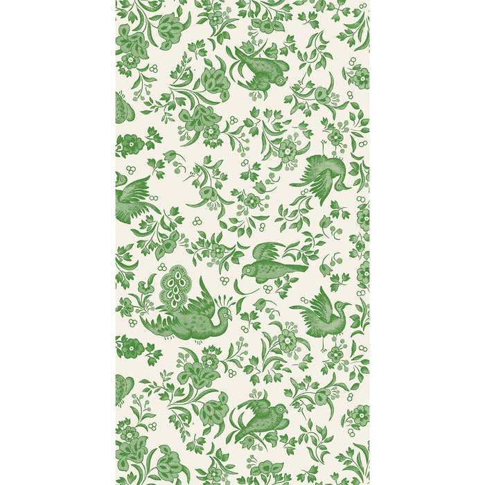The Royal Peacock Table Setting - Sage by Sophistiplate features green and white patterns with stylized birds and floral designs, reminiscent of decorative disposable plates, with birds amid leaves and flowers in sage hues on a white background.