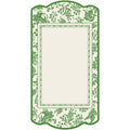 The Sophistiplate Royal Peacock Table Setting - Sage features a rectangular cream card with intricate green floral, bird, and leaf borders, a blank center for notes, and scalloped edges with a decorative green outline.