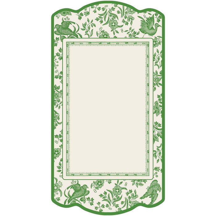 The Sophistiplate Royal Peacock Table Setting - Sage features a rectangular cream card with intricate green floral, bird, and leaf borders, a blank center for notes, and scalloped edges with a decorative green outline.