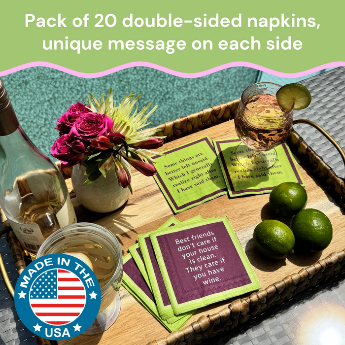 By the pool, a wicker tray displays flowers, drinks, limes, and Drinks On Me’s “Piss off teenager” napkins—each pack has 20 double-sided napkins with a unique message on each side. Made in the USA badge appears in the corner.