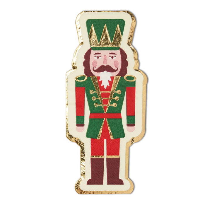 Add charm to your holiday table with Sophistiplate's Guest Towel Nutcracker Christmas/16 pkg, featuring a green and red nutcracker soldier in a gold-detailed uniform and crown, ideal for elegant seasonal décor.