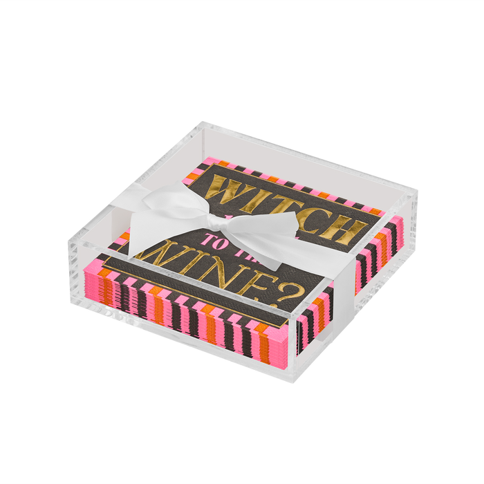 The Sophistiplate Halloween Cocktail Napkin with Napkin Tray features colorful napkins with pink, orange, and black stripes and “WITCH TO DRINK WINE?” in gold and pink letters—perfect for stylish Halloween tabletop decor.