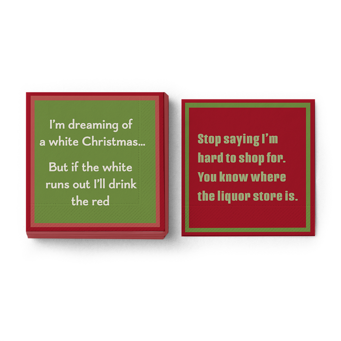 Two festive “Hard to Shop” CHRISTMAS napkins by Drinks On Me—fun bar cart accessories or white elephant gifts! One says, “I’m dreaming of a white Christmas... But if the white runs out I’ll drink the red,” and another pokes fun at being hard to shop for.