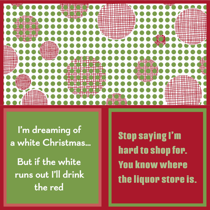 The "Hard to Shop CHRISTMAS Napkin" by Drinks On Me features a green and red dotted design—perfect as a white elephant gift or funny cocktail napkin to add humor to your bar cart accessories.