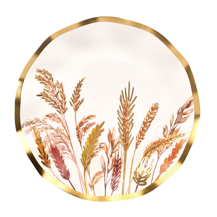 The Sophistiplate Harvest Wheat Salad Plates (8 pack) are white disposable plates with a gold rim, featuring illustrations of wheat stalks in gold, brown, and beige tones.