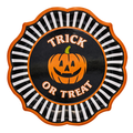 Add a festive flair to your Haunted Halloween Collection with the Sophistiplate Haunted Halloween Paper Dinner Plate 8-pack—featuring round plates with scalloped edges, black and white stripes, orange trim, a cheerful jack-o-lantern, and “Trick or Treat” in bold orange letters for the perfect spooky tableware accent.